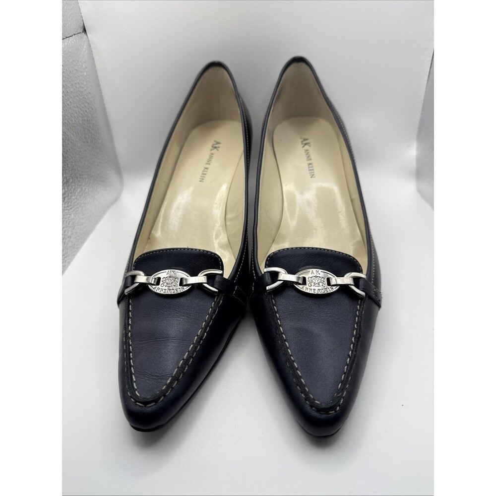 Anne Klein Black Leather Kitten Heel Loafers with Silver Accent - Picture 3 of 10